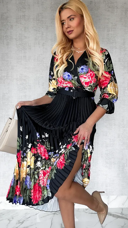 Cudowna MAXI sukienka w kwiaty z plisowanym dołem BLACK - P511D