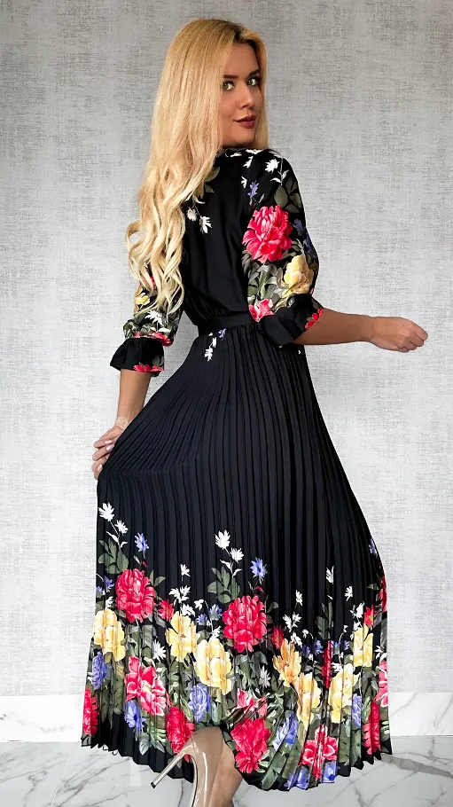 Cudowna MAXI sukienka w kwiaty z plisowanym dołem BLACK - P511D
