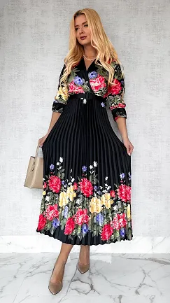 Cudowna MAXI sukienka w kwiaty z plisowanym dołem BLACK - P511D