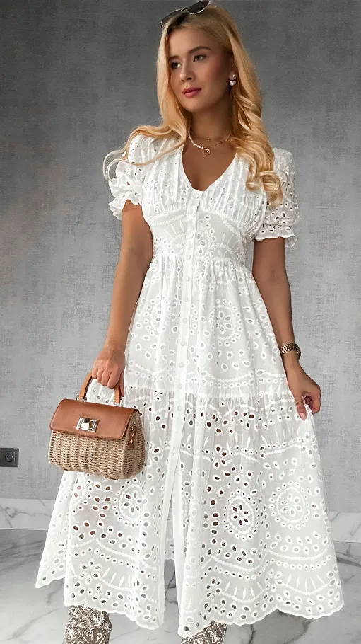 Biała długa sukienka BOHO z bawełny - P250