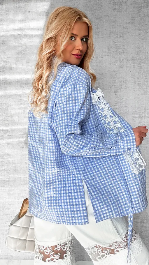 Koszula w niebieską kratkę z ozdobnymi kokardkami ONE SIZE - P560
