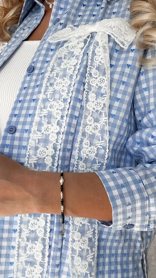 Koszula w niebieską kratkę z ozdobnymi kokardkami ONE SIZE - P560