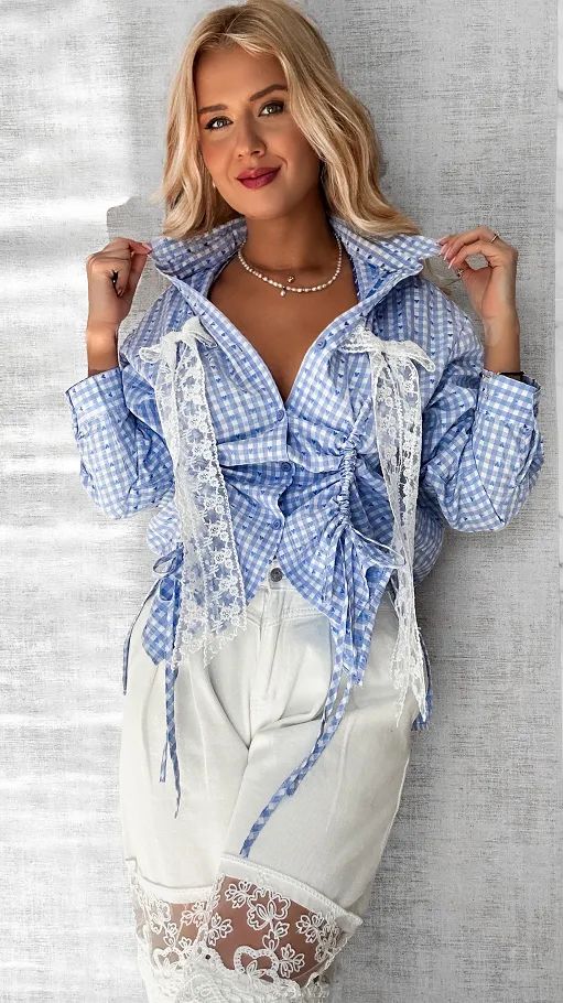 Koszula w niebieską kratkę z ozdobnymi kokardkami ONE SIZE - P560