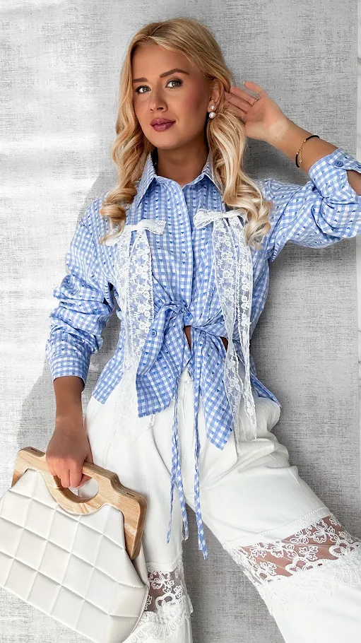 Koszula w niebieską kratkę z ozdobnymi kokardkami ONE SIZE - P560