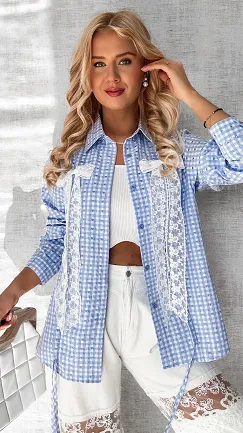 Koszula w niebieską kratkę z ozdobnymi kokardkami ONE SIZE - P560