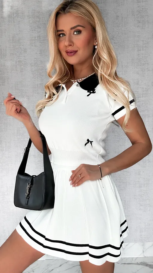 Świetny biały komplet w kokardki bluzka + spódniczka ONE SIZE - P534A