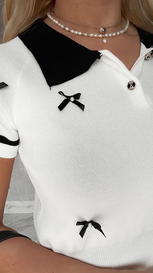 Świetny biały komplet w kokardki bluzka + spódniczka ONE SIZE - P534A