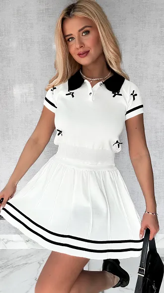 Świetny biały komplet w kokardki bluzka + spódniczka ONE SIZE - P534A