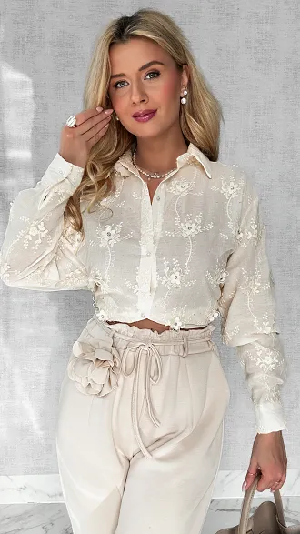 Cudowna koszula w kwiaty i haftowania ONE SIZE ecru - P522