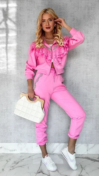 Ekstra bawełniany RÓŻOWY komplet dresowy zdobiony srebrnymi dodatkami - P168C