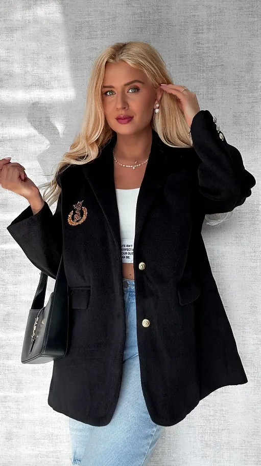 Marynarkowy ciepły płaszcz czarny OVERSIZE - P359B