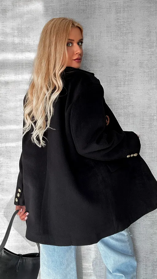Marynarkowy ciepły płaszcz czarny OVERSIZE - P359B