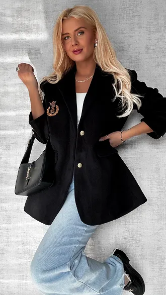 Marynarkowy ciepły płaszcz czarny OVERSIZE - P359B