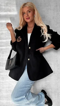Marynarkowy ciepły płaszcz czarny OVERSIZE - P359B