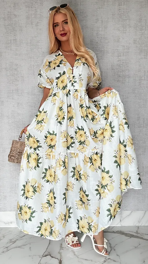 Długa MAXI sukienka w żółte kwiaty ONE SIZE bawełniana - P645