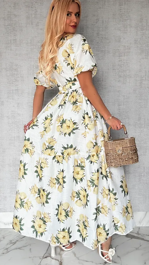 Długa MAXI sukienka w żółte kwiaty ONE SIZE bawełniana - P645