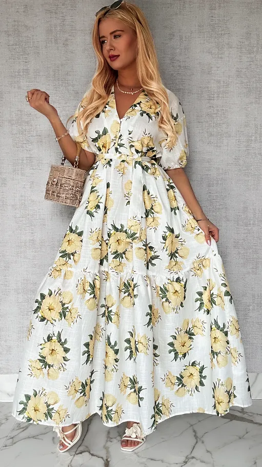 Długa MAXI sukienka w żółte kwiaty ONE SIZE bawełniana - P645