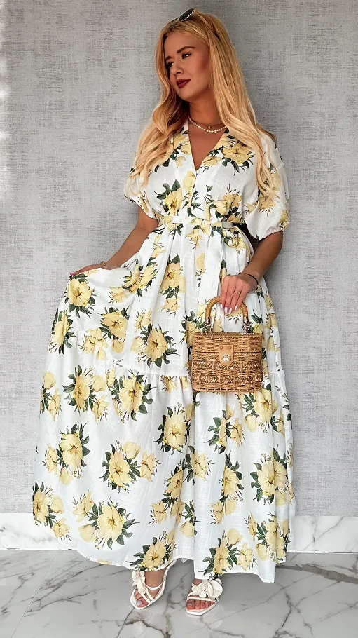 Długa MAXI sukienka w żółte kwiaty ONE SIZE bawełniana - P645