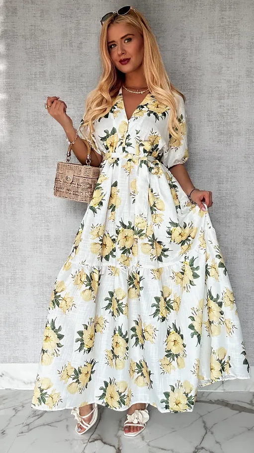 Długa MAXI sukienka w żółte kwiaty ONE SIZE bawełniana - P645
