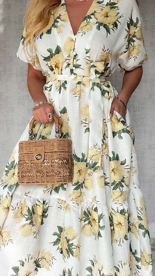 Długa MAXI sukienka w żółte kwiaty ONE SIZE bawełniana - P645