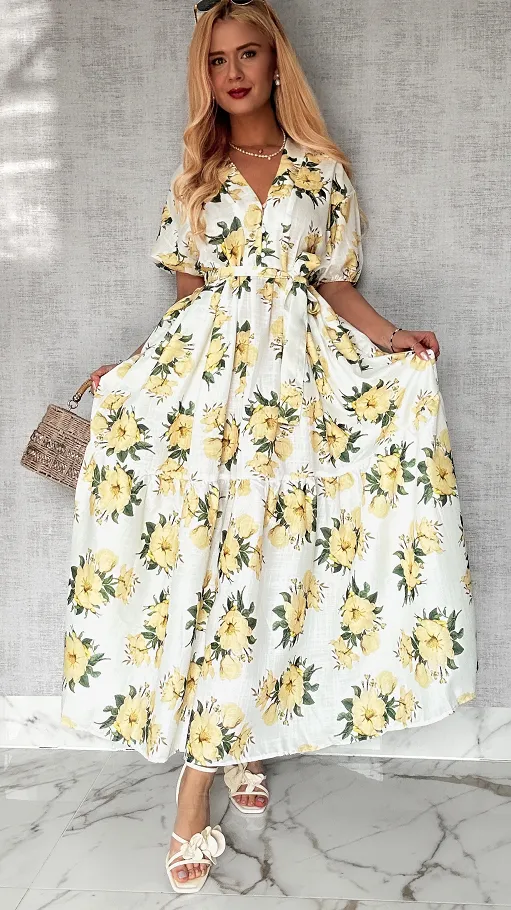 Długa MAXI sukienka w żółte kwiaty ONE SIZE bawełniana - P645