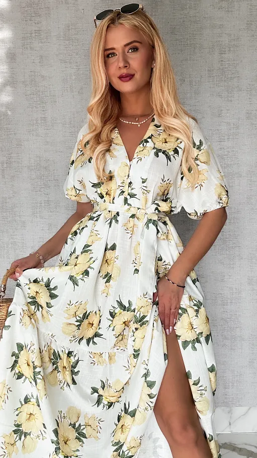 Długa MAXI sukienka w żółte kwiaty ONE SIZE bawełniana - P645