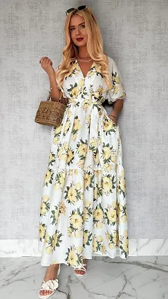 Długa MAXI sukienka w żółte kwiaty ONE SIZE bawełniana - P645
