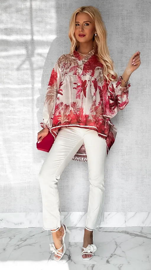 Asymetryczna bluzka mgiełka w czerwone kwiaty ONE SIZE - P633