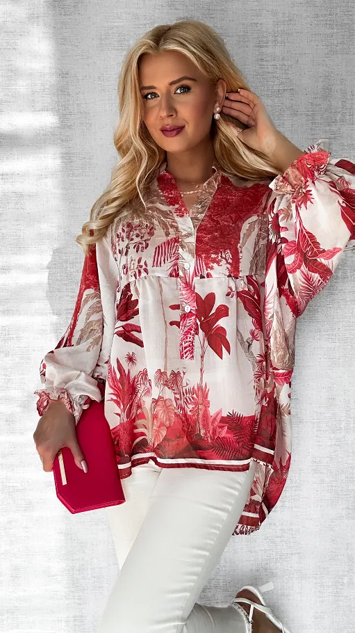 Asymetryczna bluzka mgiełka w czerwone kwiaty ONE SIZE - P633