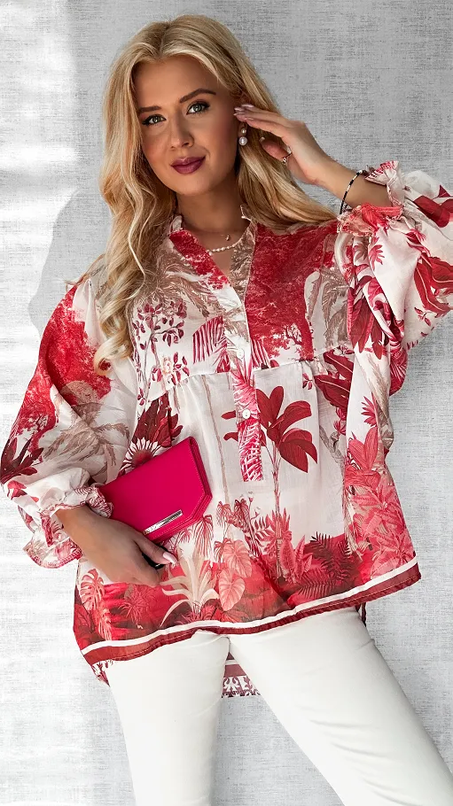 Asymetryczna bluzka mgiełka w czerwone kwiaty ONE SIZE - P633