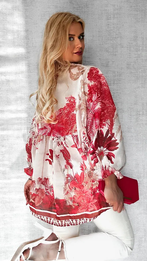 Asymetryczna bluzka mgiełka w czerwone kwiaty ONE SIZE - P633
