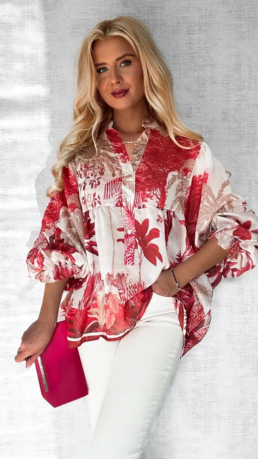 Asymetryczna bluzka mgiełka w czerwone kwiaty ONE SIZE - P633