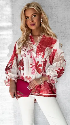 Asymetryczna bluzka mgiełka w czerwone kwiaty ONE SIZE - P633
